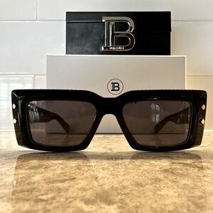 New Authentic Balmain Imperial Black Acetate & Titanium Rectangle Sunglasses